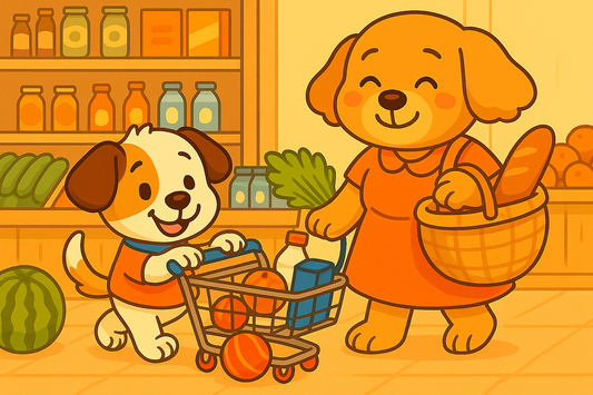 Piesek Pikuś robi zakupy z mamą - bajka do czytania